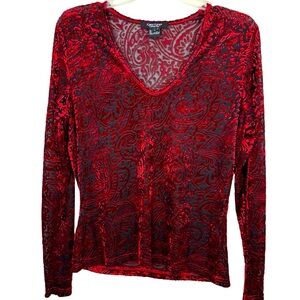 Karen Kane Blood Red Burnout Velvet V Neck Semi Sheer Crop Top Size L